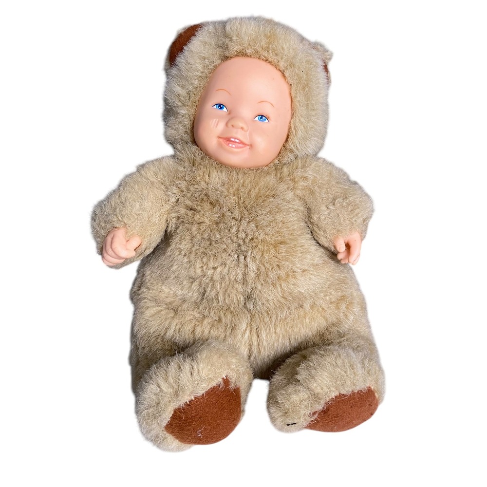 Anne Geddes Baby Doll Teddy Bear Plush Tan Beanbag Collectible 9 Inch Blue Eyes